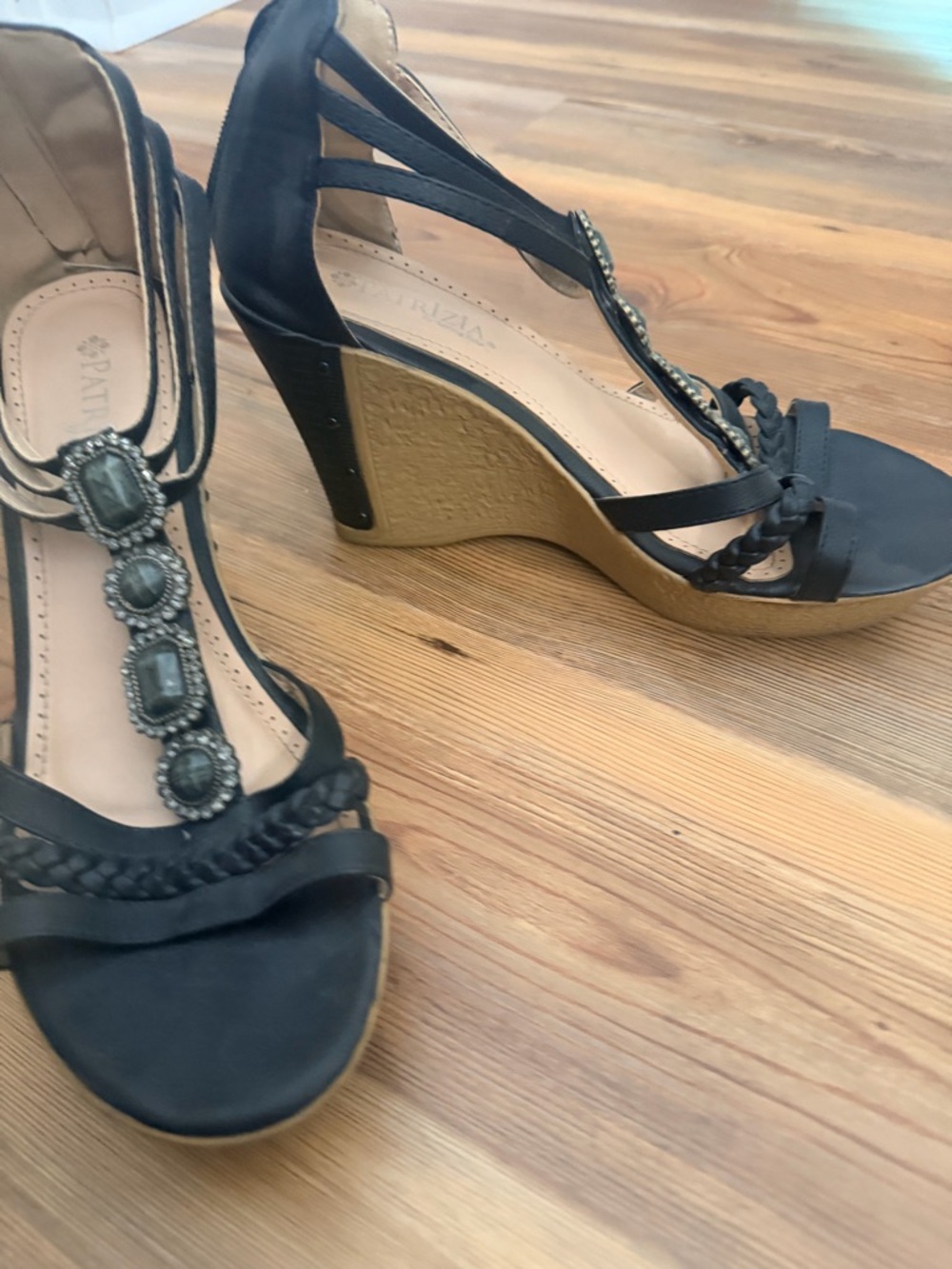 Black Jeweled T-Strap Wedge Sandals
